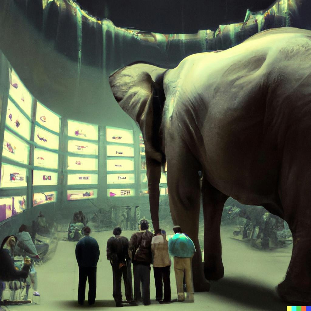 DALL·E 2022-10-31 12.12.47 - a photo of a crowd in a dystopian landscape  staring at a large computer with an image of an elephant in the room.jpg