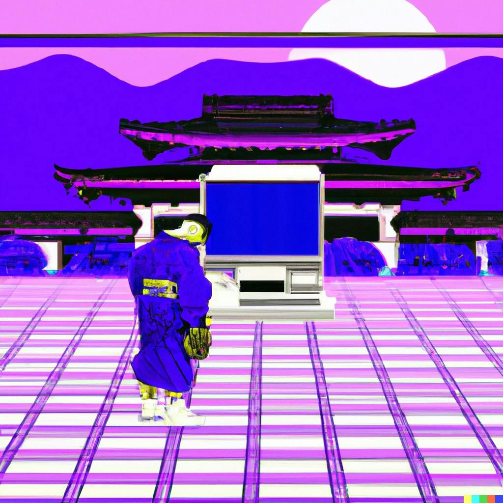 DALL·E 2022-11-01 19.05.50 - a Japanese monk bowing at a computer screen in front of a Japanese temple in the style of vaporwave.jpg