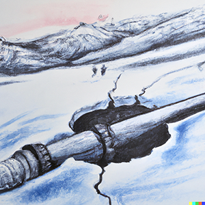 DALL·E 2023-01-10 12.23.33 - a pencil and water colour drawing  of a broken oil pipe in a frozen landscape_.png